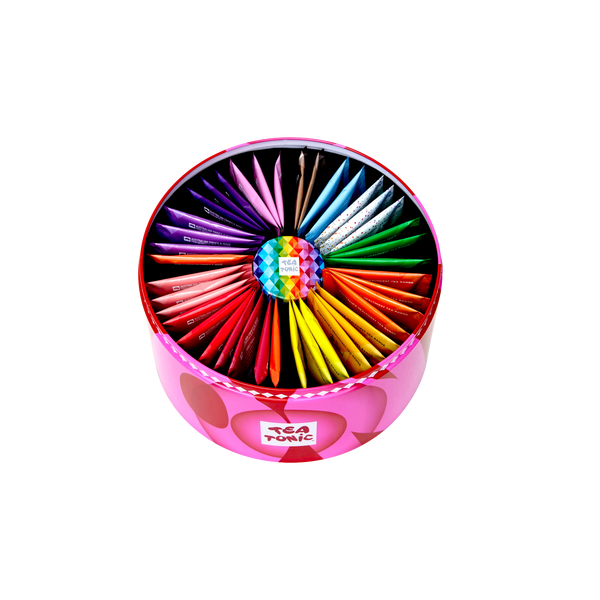 Energising Selection Round Tin - 40 Energising Gourmet Tea + Mini Tin of Red Sugar Hearts