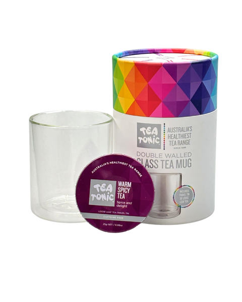 Double Walled Glass Tea Mug with Warm Spicy Loose Leaf Travel Tin