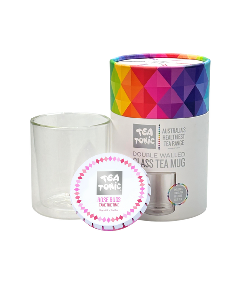 Double Walled Glass Tea Mug with Rose Buds Tea Loose Leaf Travel Tin
