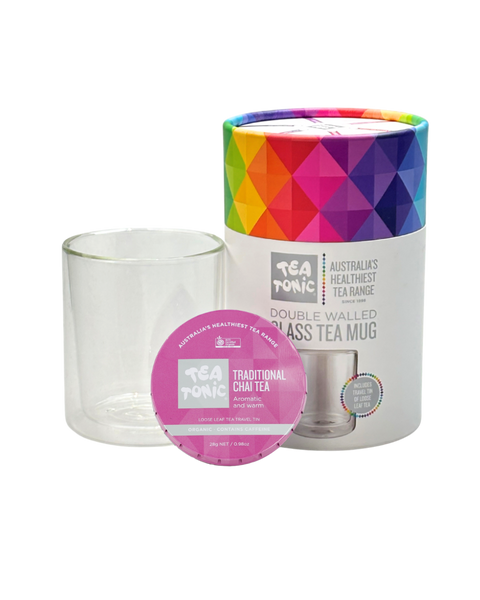 Double Walled Glass Tea Mug with Traditional Chai Tea Loose Leaf Travel Tin