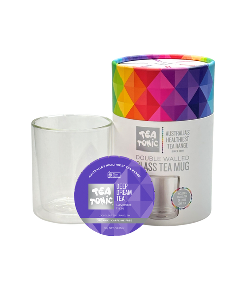 Double Walled Glass Tea Mug with Deep Dream Loose Leaf Travel Tin