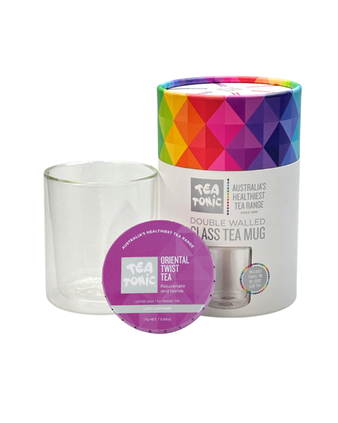 Double Walled Glass Tea Mug with Oriental Twist Tea Loose Leaf Travel Tin