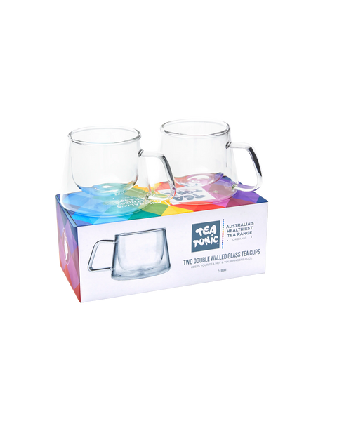 Two Double Walled Glass Tea Cups - Square Handle